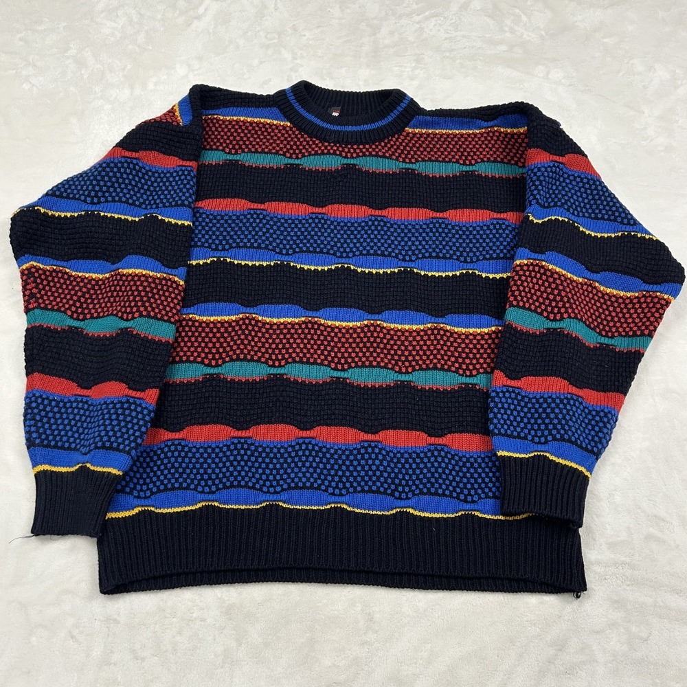 Lightning Bolt Knit Sweater Mens L Black Multi Color 3D Textured Striped Vintage